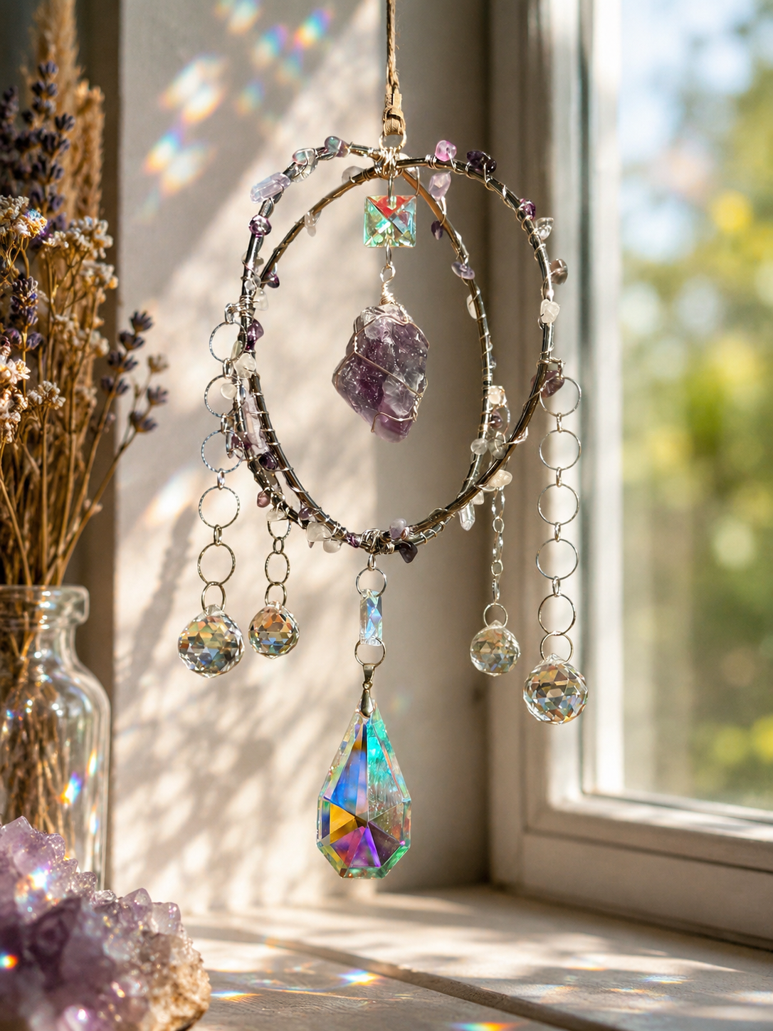 Fluorite & Amethyst Crystal Suncatcher