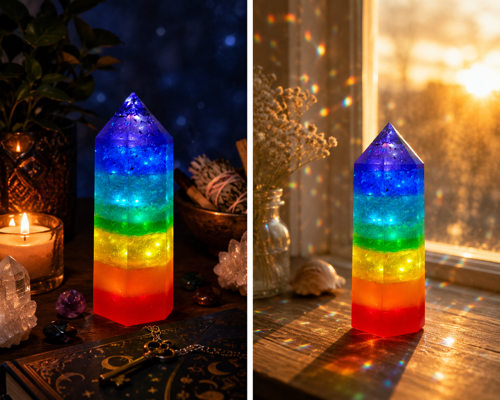 Rainbow Chakra LED Obelisk – Handcrafted Resin Crystal Tower