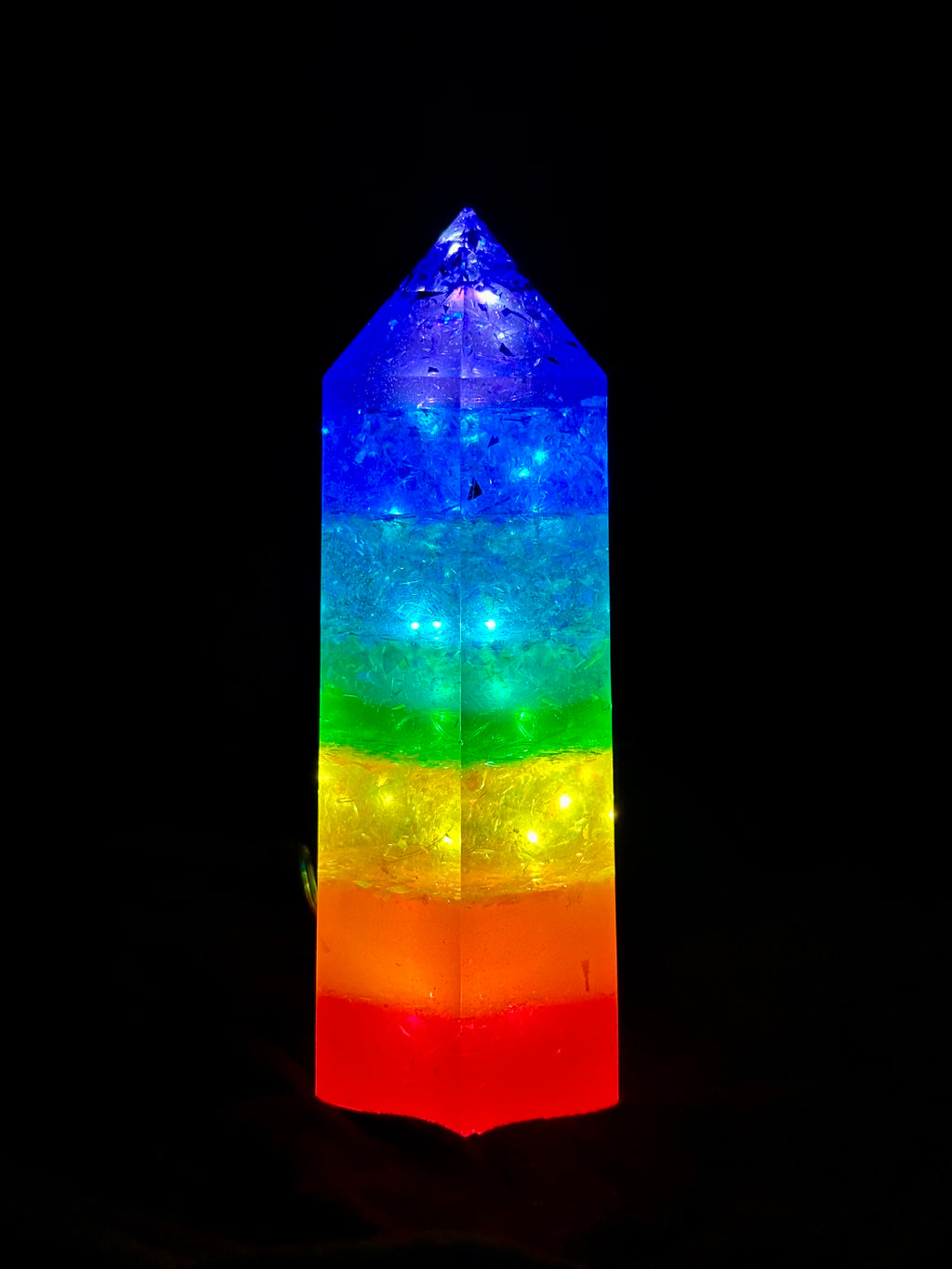 Rainbow Chakra LED Obelisk – Handcrafted Resin Crystal Tower