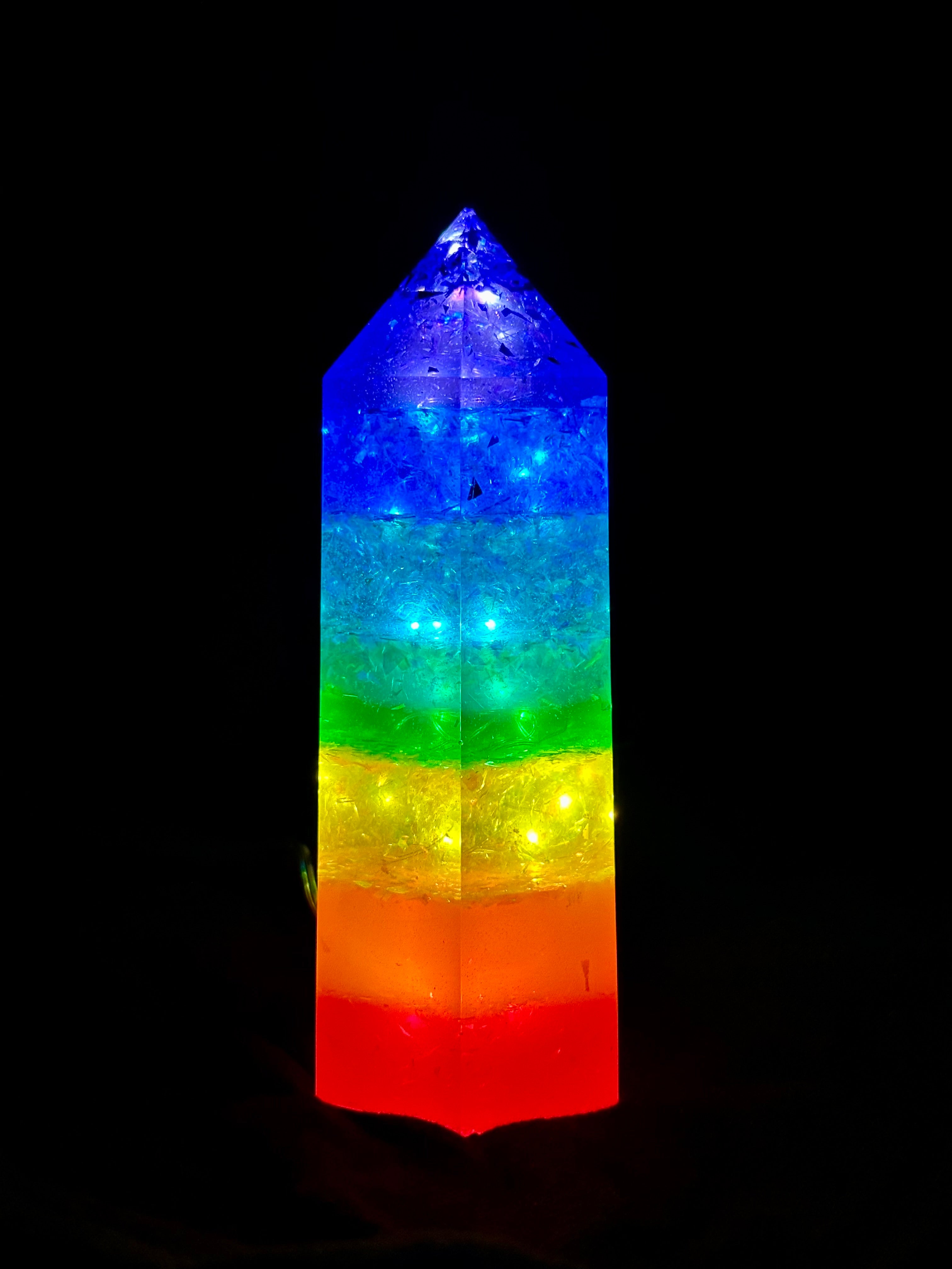 Rainbow Chakra LED Obelisk – Handcrafted Resin Crystal Tower