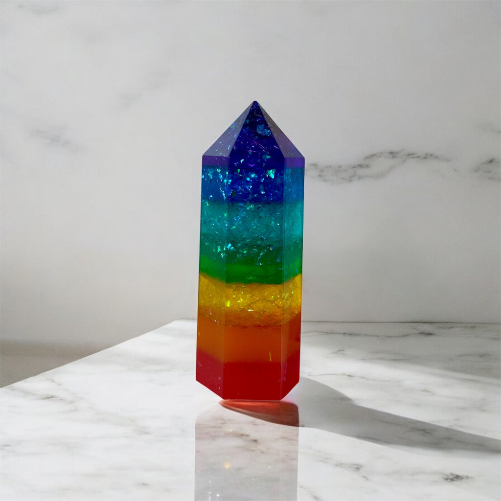 Rainbow Chakra LED Obelisk – Handcrafted Resin Crystal Tower