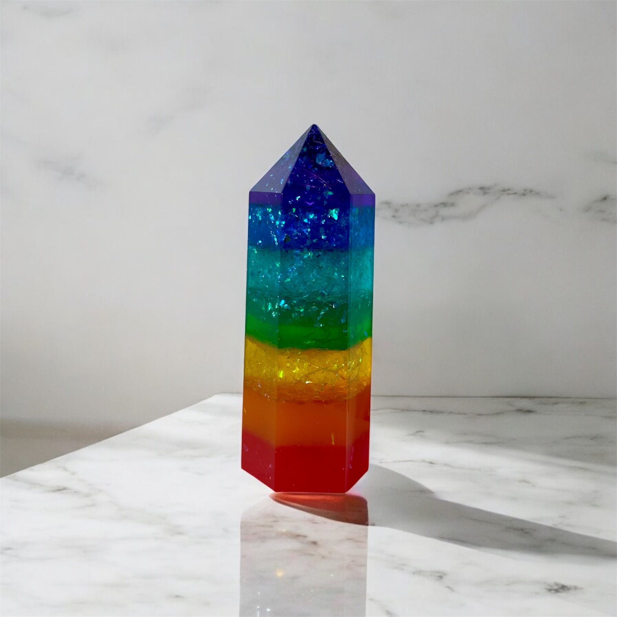 Rainbow Chakra LED Obelisk – Handcrafted Resin Crystal Tower